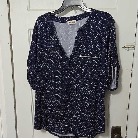 Blue Mood Navy Blue Polka Dot Women's Top SS Button Front 2X - Picture 1 of 7